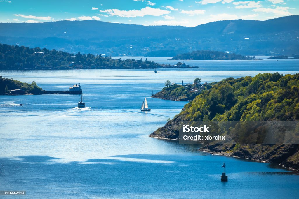 Scenic Oslofjord and Oslo waterfront view Scenic Oslofjord and Oslo waterfront view, capital city of Norway Archipelago Stock Photo