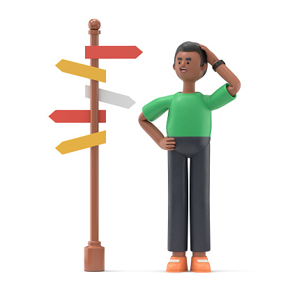 3D illustration of handsome afro man David   standing at a crossroad and looking directional sign arrows.3D rendering on white background.
