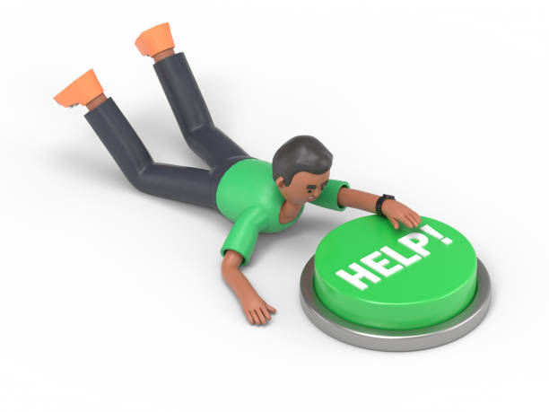 3D illustration of handsome afro man David   crawling to the help button.3D rendering on white background.