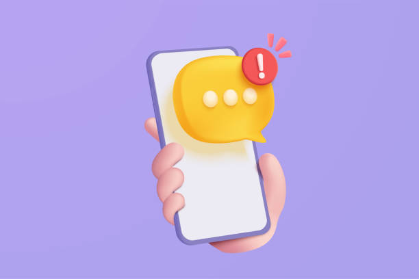 simbol gelembung ucapan 3d di ponsel dengan pemberitahuan peringatan. komentar atau balasan pengguna menandatangani pesan palsu, benar, bermasalah, gagal chat di media sosial. vektor ikon gelembung 3d dengan ilustrasi render bayangan - ruang tiga dimensi ilustrasi stok