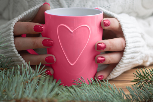 Womans hands in white knitted sweater with carmine nail polish hold pink mug with heart near branches of Christmas tree. Color of the Year 2023 Viva Magenta