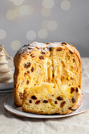 Close up of Panettone texture and gold bokeh. Italian Christmas cake with raisins and candied fruits