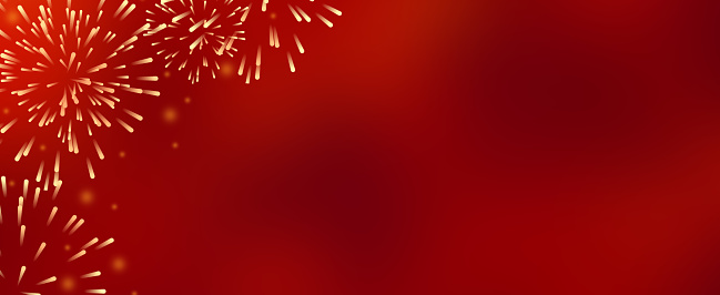 abstract show group of exploding fireworks bright light vibrant colorful and falling fire glitter confetti on red color background for happy chinese new year concept