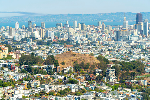 downtown san francisco california with houses and buildings in city with natural preserve hillside and trees and folliage in nieghborhoods midday in sun with ocean and blue and white sky background