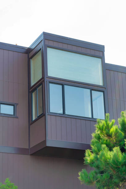 istock Purple modern house facade with clear windows near tree and blue and white sky background 1446577960