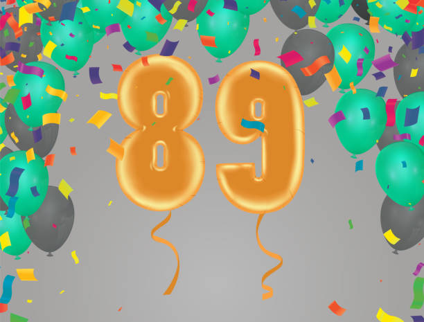 istock Elegant Greeting celebration 89 birthday  Happy birthday, congratulations poster. Balloons numbers with sparkling confetti. Vector 1446579232