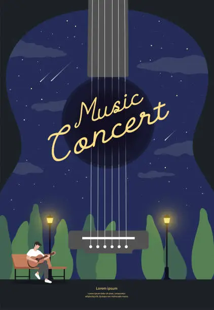 Vector illustration of Live music cover poster background design template with a guitar acoustic shapes illustration. Vector banner layout for promo club invitation concert event, festival flyer, jazz blues musician band.