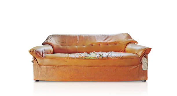 istock Vintage style, old worn leather sofa on white background. 1446583717