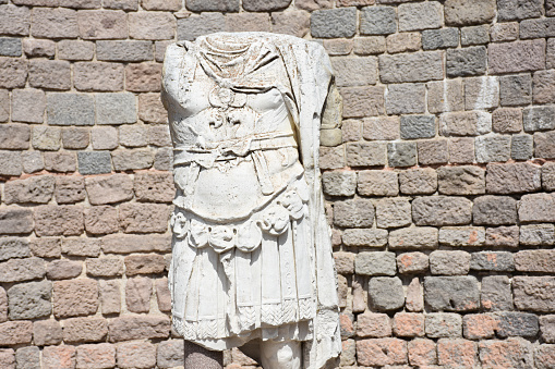 Unknown soldier statue in the ancient city of Pergamon.  Trajan' s Temple of Pergamon, Turkey. Bergama, İzmir