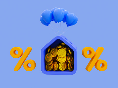 3d minimal money-saving concept. Deposits earn more interest. collecting money for retirement. A house piggy bank with balloons and, a percent icon. 3d illustration.