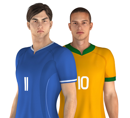 3D illustrations of two soccer players from different teams. One with predominantly blue uniform and the other white. Isolated on white background.