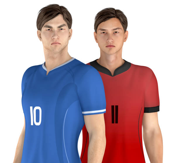 3D illustrations of two soccer players from different teams. One with predominantly blue uniform and the other white. Isolated on white background.
