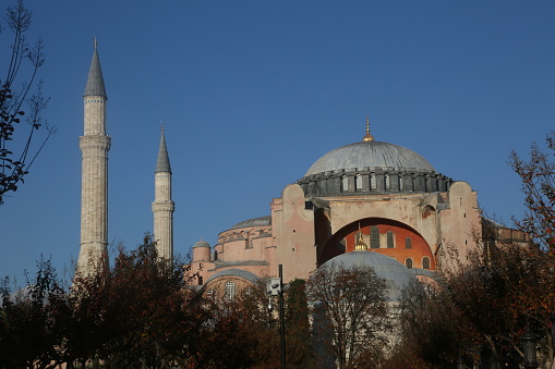 Istanbul, Turkey - May 05, 2019: The Hagia Sophia (Built in AD 537) is the former Greek Orthodox Christian patriarchal cathedral, later an Ottoman imperial mosque and now a museum in Istanbul Turkey. Novadays The Turkish government confirmed that Istanbul\