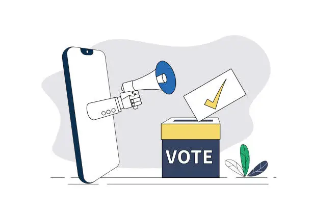 Vector illustration of Ballot boxes, loudspeakers, mobile phones, mobile phone voting elections.