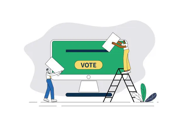 Vector illustration of people voting online with computer.