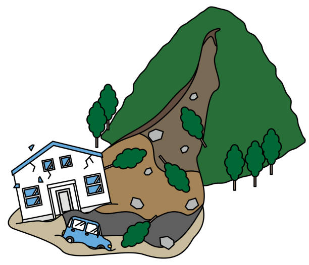 A house damaged by a landslide in a nearby mountain It is an illustration of a house damaged by a landslide in a nearby mountain. australia house home interior housing development stock illustrations