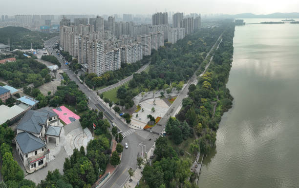 Aerial view of Concert Hall and Yunlong lake in Xuzhou, Jiangsu province - China stock photo