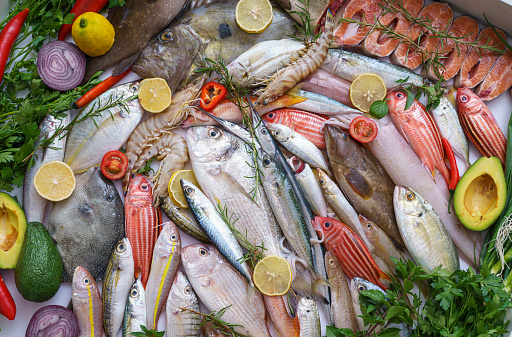 High angle view of various fresh fish and seafood decorated with ice cubes, lemon slices, herbs and vegetables
