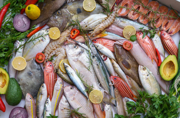 High angle view of various fresh fish and seafood decorated with ice cubes, lemon slices, herbs and vegetables stock photo