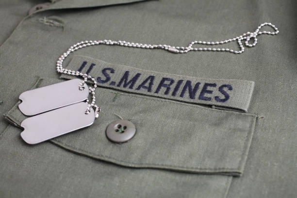 istock U.S. MARINES Branch Tape with dog tags on olive drab uniform 1446603298