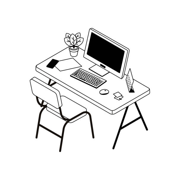 ilustrações de stock, clip art, desenhos animados e ícones de isometric home office. workspace with computer and office equipment. desk, chair, cellphone, calendar, notepad, mouse, pot. modern flat vector illustration. outlined, linear style, line art. - conference room sign