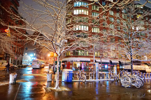 New York - March  19, 2015: Beautiful snowy New York streets after massive snowfall at night. Travelling in USA.