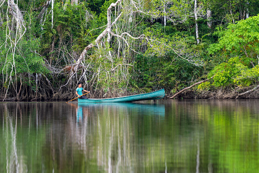 Indigenous Kichwa man on canoe in Amazon rainforest, Yasuni national park, Ecuador.