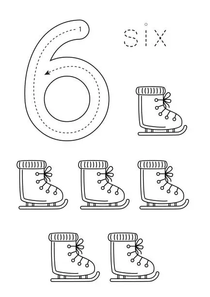 Vector illustration of Flashcard number six. Preschool worksheet. Ice skates.