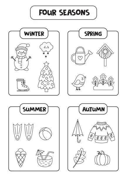 Vector illustration of Learning four seasons for kids. Black and white educational worksheet.