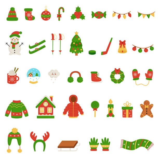 ilustraciones, imágenes clip art, dibujos animados e iconos de stock de set de invierno. elementos navideños. ilustraciones vectoriales sobre fondo blanco. - mono ski