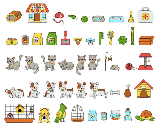 zestaw uroczych zwierząt domowych i akcesoriów dla zwierząt w stylu kreskówki. - hamster cage birdcage isolated stock illustrations