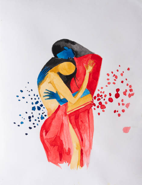 abstrakcyjny akwarelowy obraz romantycznej zakochanej pary, obejmującej się namiętnością, białe tło. - sexual activity illustrations stock illustrations