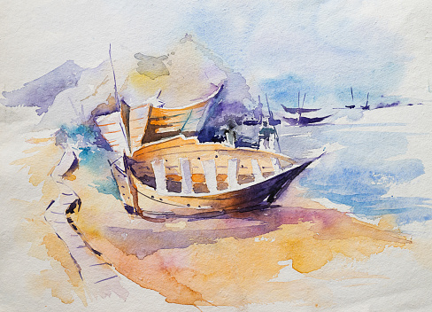 Beautiful watercolor painting of a sea beach with fishing trawlers on the coast. Handmade watercolor painting illustration.
