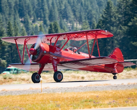 Truckee California, United States – July 23, 2022: A vintage Bi-plane at the Truckee Air show in Truckee California, USA