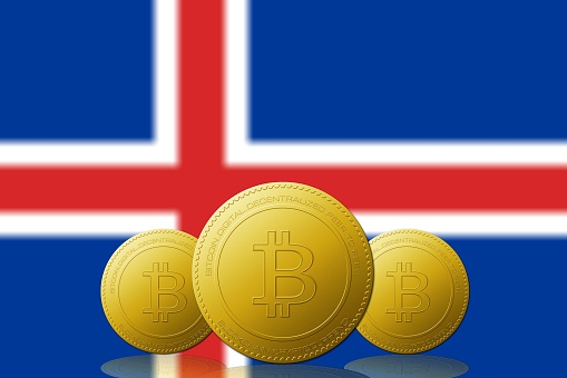 Three Bitcoins cryptocurrency with Iceland flag on background 3D ILLUSTRATION.