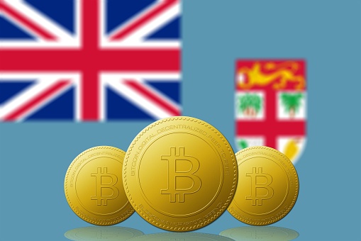 Three Bitcoins cryptocurrency with Fiji flag on background 3D ILLUSTRATION.