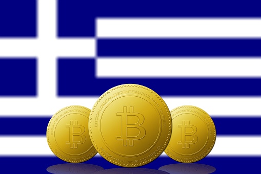 Three Bitcoins cryptocurrency with Grecia flag on background 3D ILLUSTRATION.