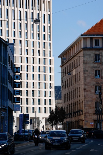 Nuremberg, Germany – May 26, 2022: A beautiful view of cars on a traffic road with buildings in Nuremberg near main station