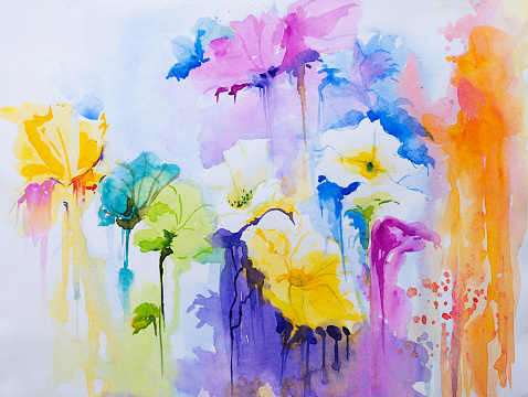 Beautiful hand painted artistic abstract watercolor flowers. Vibrant colorful spring illustration.