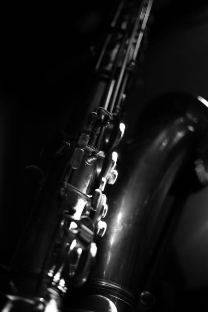 istock Vertical grayscale shot of the saxophone keys 1446618645