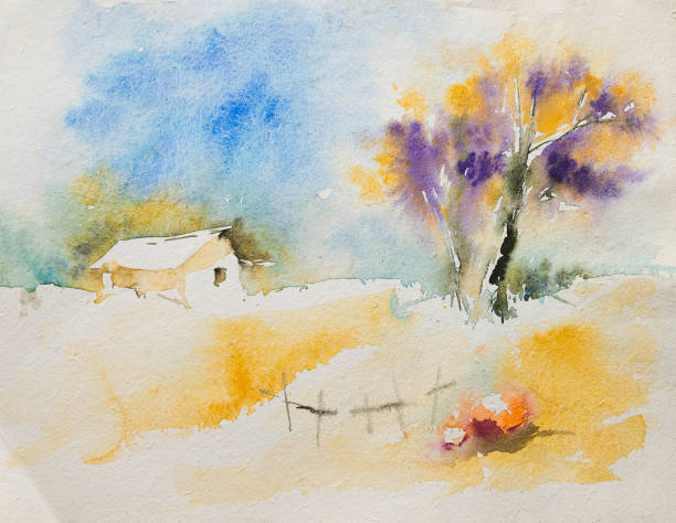 illustrations, cliparts, dessins animés et icônes de belle peinture à l’aquarelle de la maison au sommet d’un champ jaune dans le paysage jaune. illustration à l’aquarelle peinte à la main. - paintings canvas cottage painted image