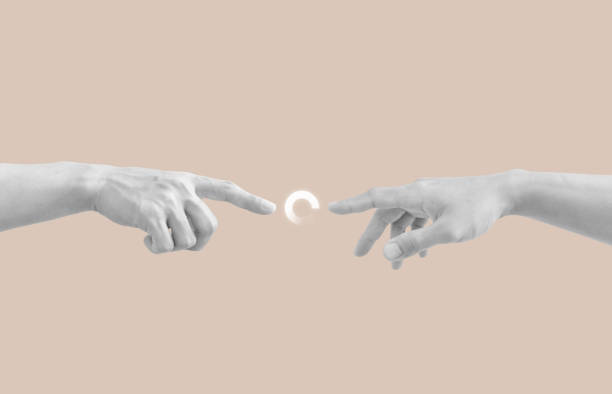 istock Hand reaching out, pointing finger, with loading icon. Digital collage modern art 1446622432