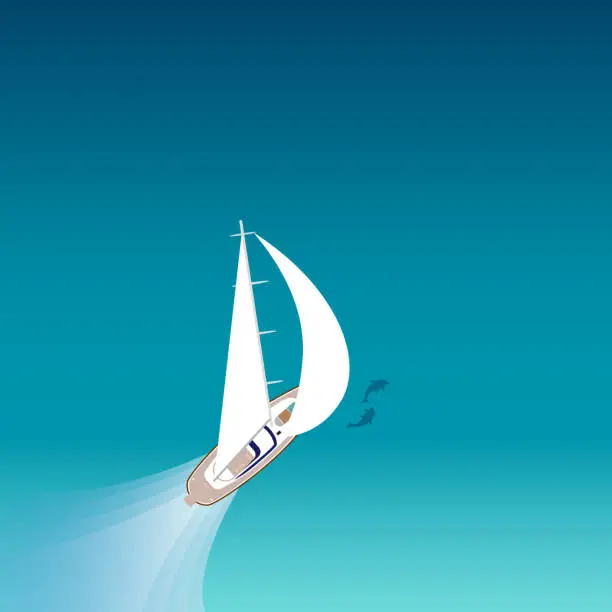 Vector illustration of Illustration of a sail boat with big white sails sailing comfortably in the clear blue sea with dolphins