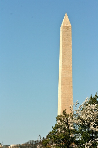 A vertical shot of the Washington Monument in blue sky background on a sunny day