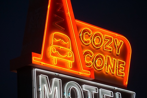 Los Angeles, United States – August 24, 2022: A view of Cozy Cone Motel Sign, Cars Land