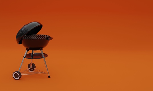 A 3D illustration of a barbecue grill on an orange background with a copy space