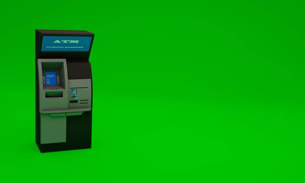 istock 3D illustration of an ATM on a green background with a copy space 1446627204