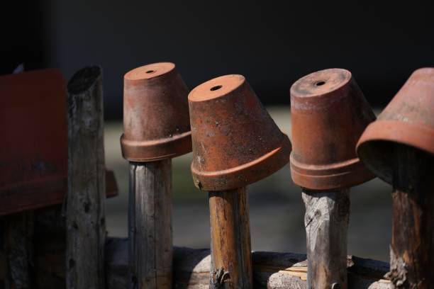 The flower pots on wooden poles.