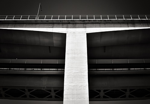 A grayscale shot of the bridge