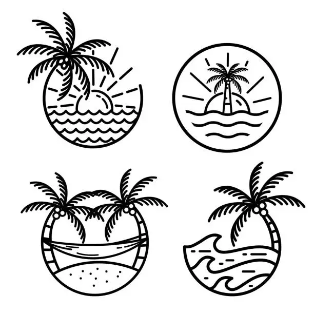 Vector illustration of set of ocean wave tropical island and palm tree  line art vector illustration template icon.